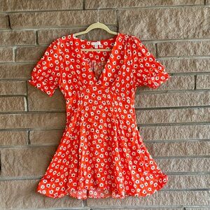 Topshop Red & White Floral Sundress | Puff Sleeves | V-Neck | Size 8